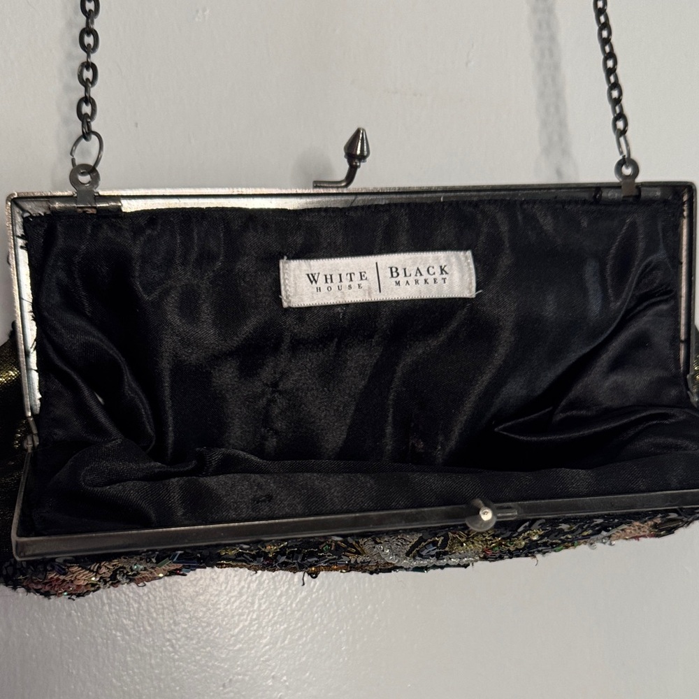 White House Black Market Black Sequin Floral Chain Clutch - Picture 4 of 5